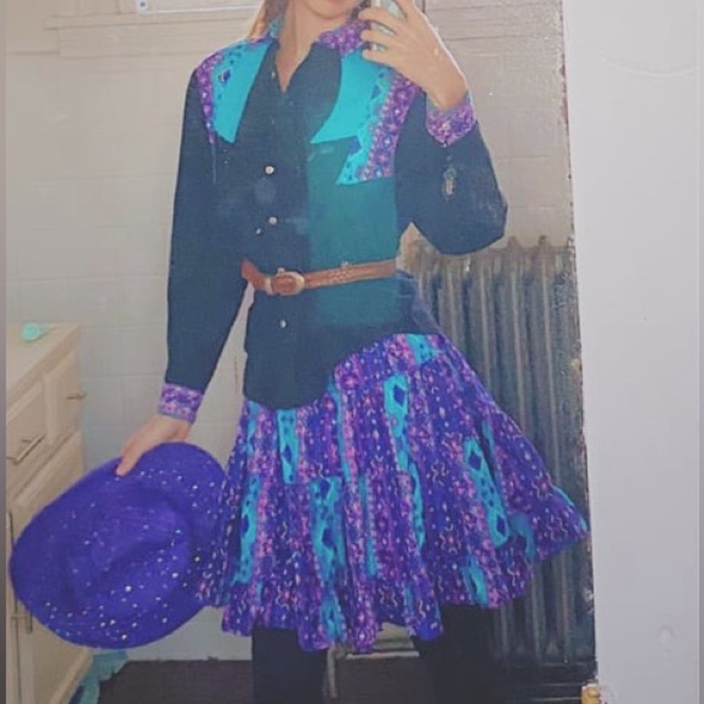 Rough rider xs 100% cotton purple cowgirl teal button down shirt